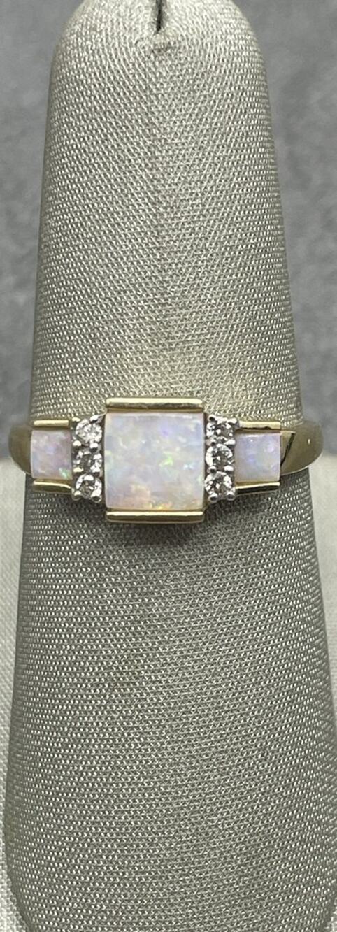14K Yellow Gold Ring W/ 3 Square Cut Opals & Diamond Accents (27367)